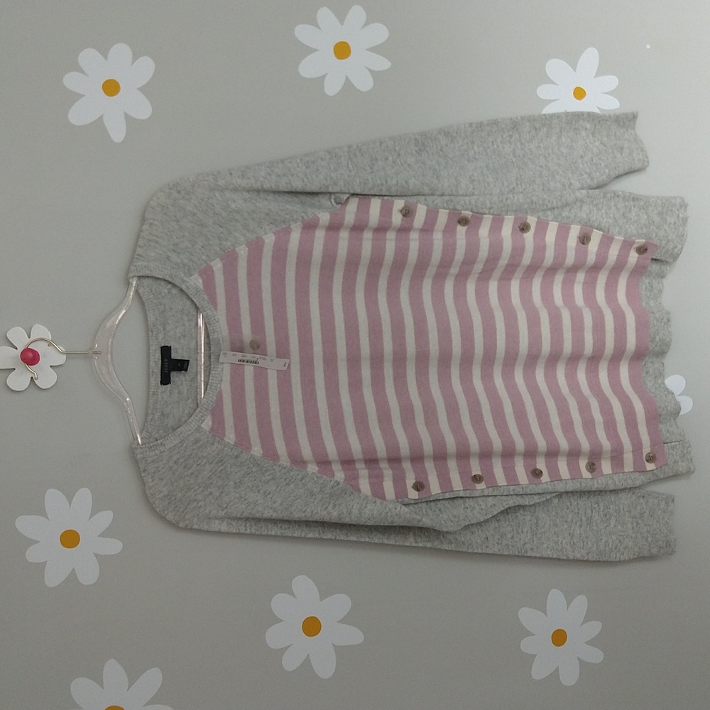 NWT J. Crew Lilac White Grey Striped Side Button Sweater With Brown Elbow Patchs